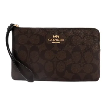 COACH Corner Zip Coated Canvas With Recycled Leather Clutches Wallets Small Size Women's Gold & Brown Black
