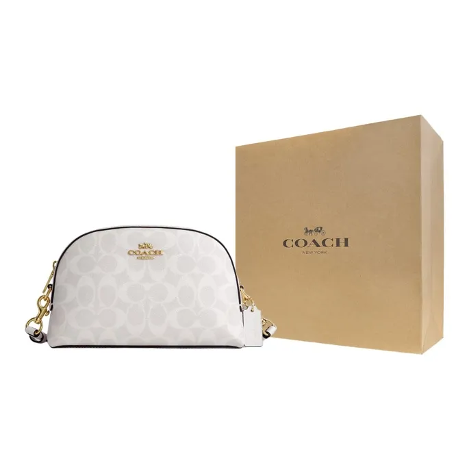 COACH Canvas With Leather Shoulder Bag Crossbody Bag Medium Size Women's Gold & Chalk & Glacier White-4