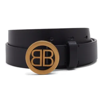 Balenciaga Iconic BB Badge, Smooth Buckle Leather Belts Women's Black