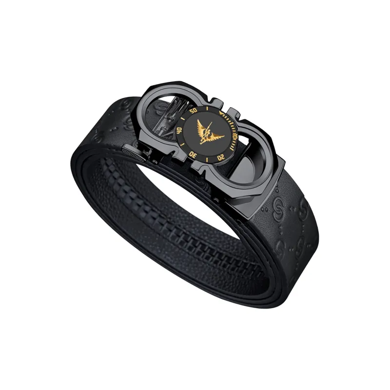 WilliamPOLO Cow Leather Leather Belts Men's Gunmetal Buckle With Gold Logo Embossed Strap 3.5cm Width-1