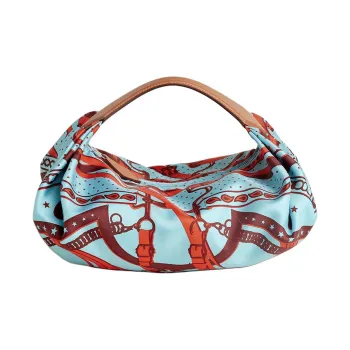 HERMES Silk With Hunter Cow Leather Lunch Bag Handbag Women's Japanese Blue & Natural
