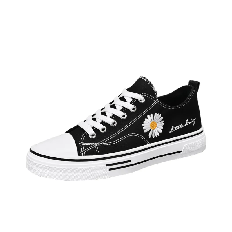 Little Daisy Small Daisy Height Increasing Wear-Resistant Breathable Slip-Resistant Low-Top Canvas Shoes Men's Black-2