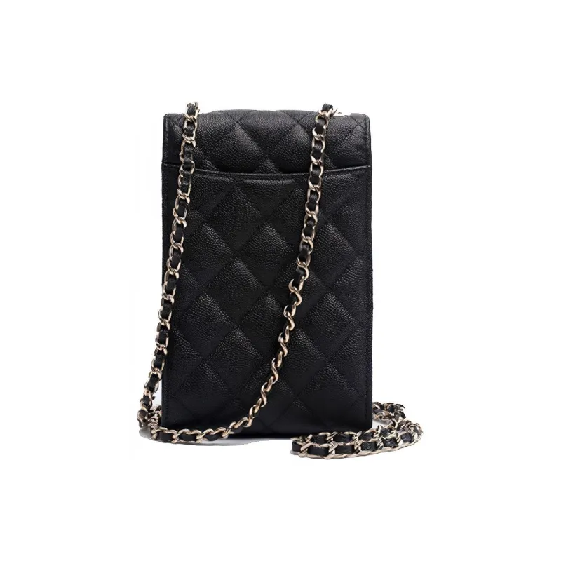 CHANEL Grain Embossed Cow Leather Shoulder Bag, Crossbody Bag With Cell Phone Pouch Women's Black-1