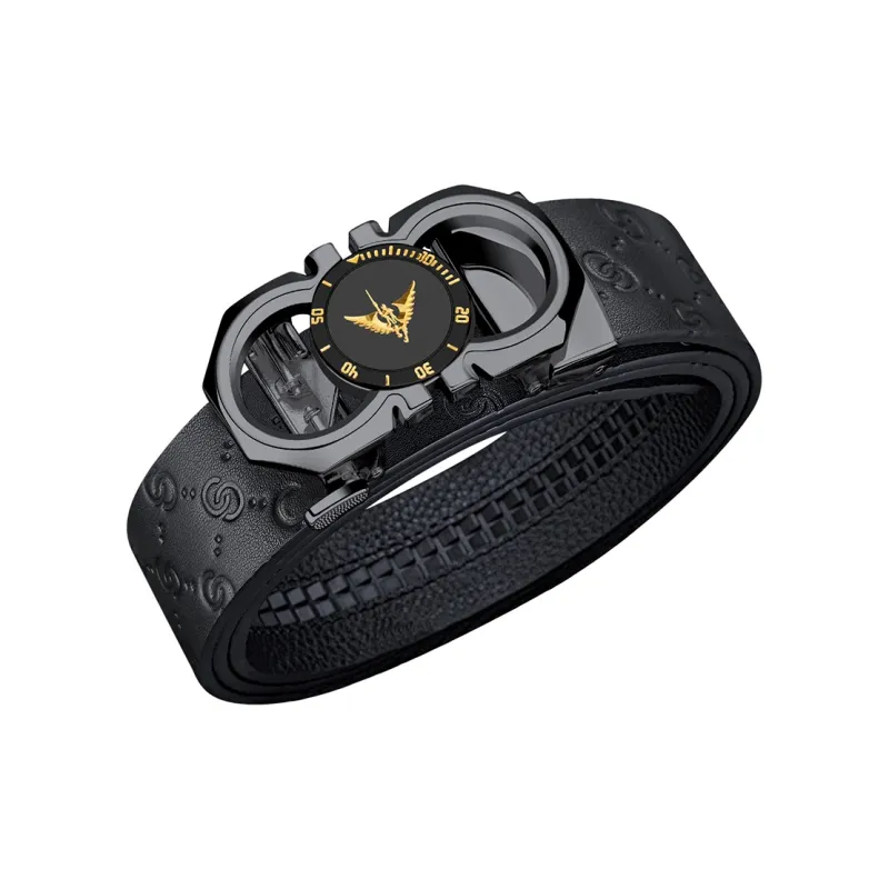 WilliamPOLO Cow Leather Leather Belts Men's Gunmetal Buckle With Gold Logo Embossed Strap 3.5cm Width-4