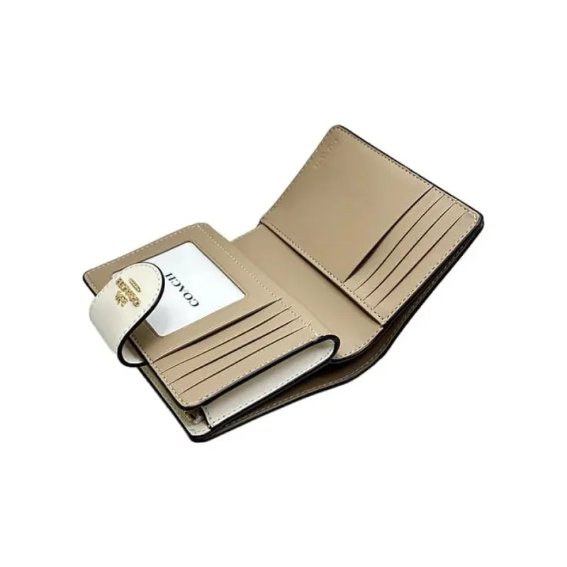 COACH Corner Zip Canvas With Leather Wallet Mini Women's Gold & Light Khaki & Chalk-4