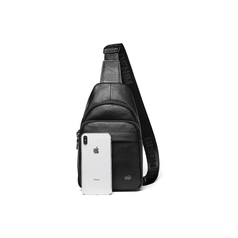 BISON DENIM Cow Leather Sling Bag, Shoulder Bag, Crossbody Bag Regular Men's Black-2