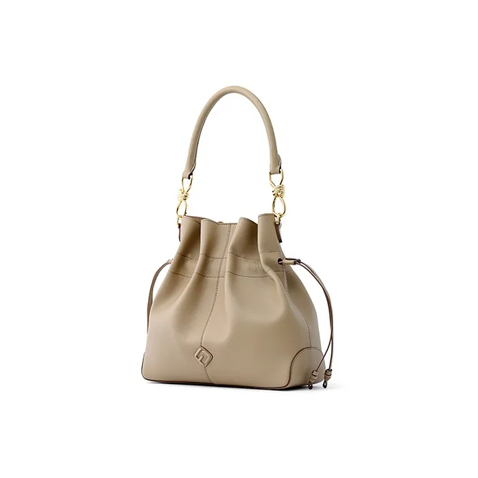 FION Cow Leather Bucket Bags Shoulder Bag Crossbody Bag Handbag Medium Size Women's Cream Apricot-2