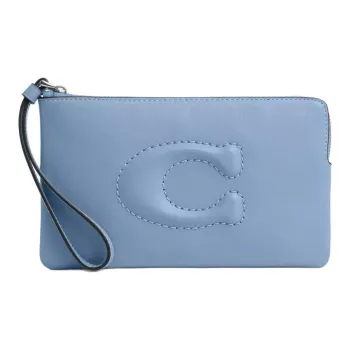 COACH Corner Zip Leather Clutch Large Size Women's Blue