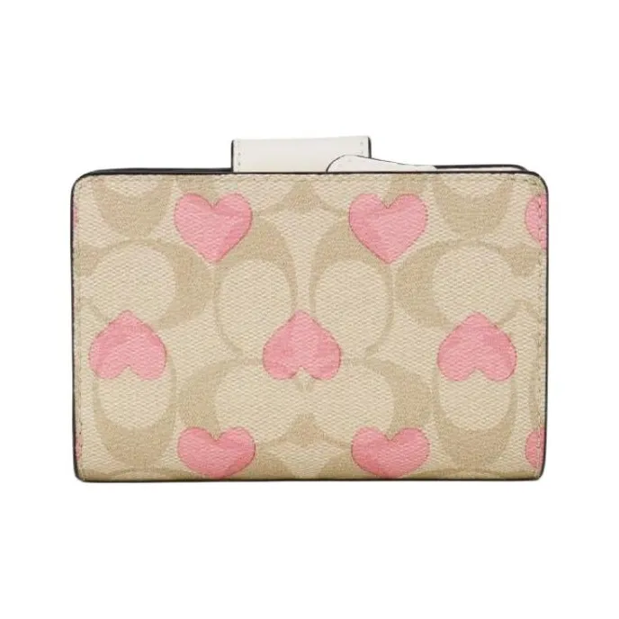 COACH Corner Zip Canvas With Leather Wallet Mini Women's Gold & Light Khaki & Chalk-3