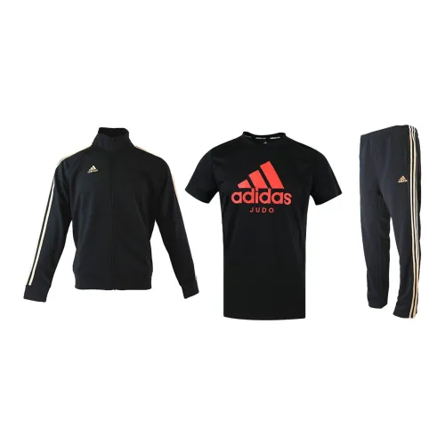 Adidas Casual Sportswear Men Set Black/Gold Coats+Red Black T-Shirts+Black/Gold Pants