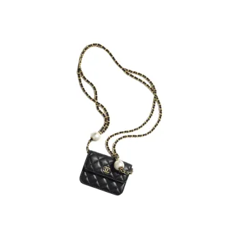 CHANEL Lambskin Wallet Card Holder Shoulder Bag Crossbody Bag Women's Black