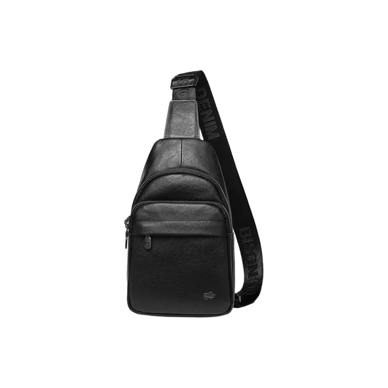 BISON DENIM Cow Leather Sling Bag, Shoulder Bag, Crossbody Bag Regular Men's Black-1