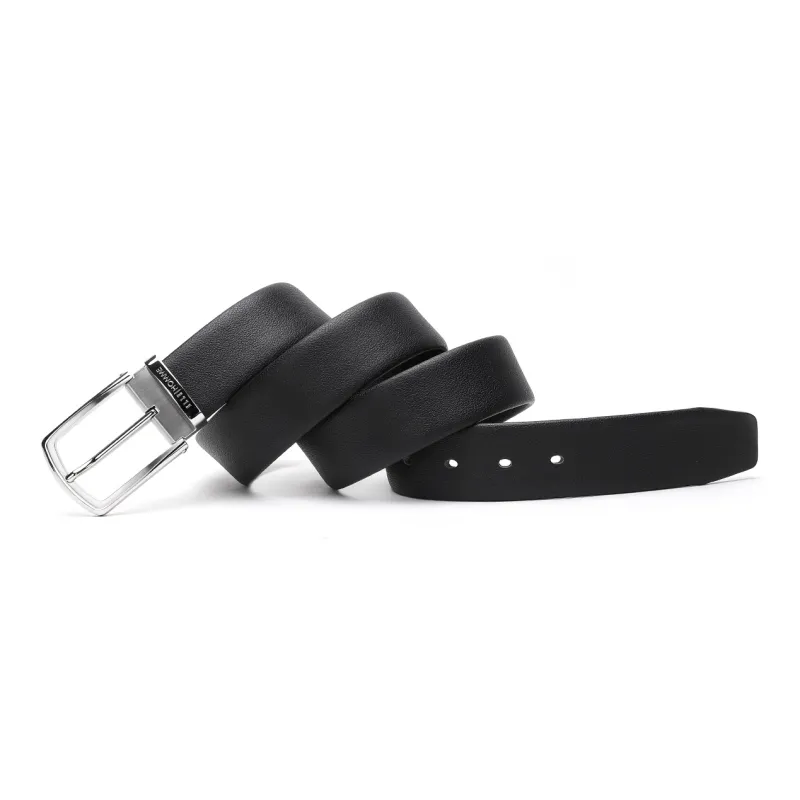 ELLE HOMME Pin Buckle Belt Steel Buckle Trendy Casual Top Grain Cow Leather Belts Men's Black Width 3.7cm-6