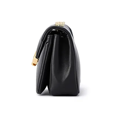 FION Top Grain Cow Leather Small Square Bag Portable Crossbody Bag Shoulder Bag Small Size Women's Classic Black-3