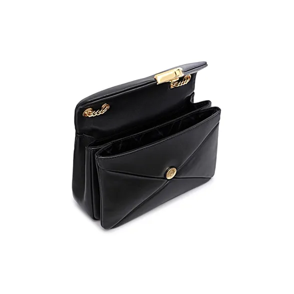 FION Top Grain Cow Leather Small Square Bag Portable Crossbody Bag Shoulder Bag Small Size Women's Classic Black-4
