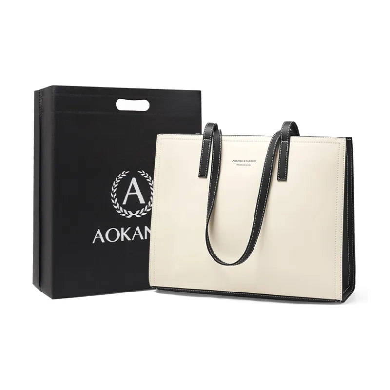 AOKANG Cow Leather Tote Bag, Shoulder Bag, Handbag Regular Women's Milkshake White & Hepburn Black-0