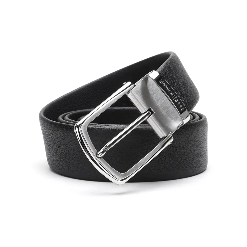 ELLE HOMME Pin Buckle Belt Steel Buckle Trendy Casual Top Grain Cow Leather Belts Men's Black Width 3.7cm-4