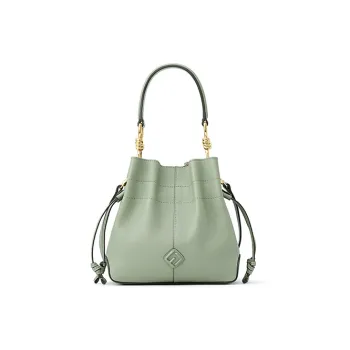 FION Cow Leather Bucket Bags Shoulder Bag Crossbody Bag Handbag Medium Size Women's Green Bean Umber