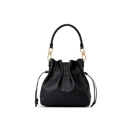 FION Cow Leather Bucket Bags Shoulder Bag Crossbody Bag Handbag Medium Size Women's Classic Black