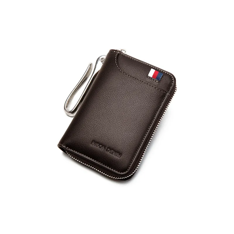 BISON DENIM Cow Leather Coin Purse, Multifunctional Card Holder Bag Regular Men's Black-5