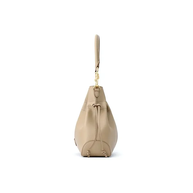 FION Cow Leather Bucket Bags Shoulder Bag Crossbody Bag Handbag Medium Size Women's Cream Apricot-3