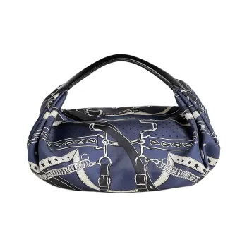 HERMES Silk With Hunter Cow Leather Lunch Bag Handbag Women's Indigo & Black