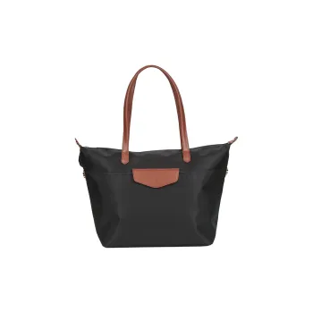 H HEXAGONA PARIS Nylon With Two Layer Leather Tote Bag, Shopping Bag, Shoulder Bag, Handbag Regular Women's Black