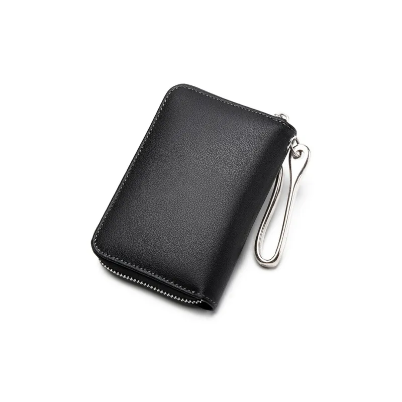 BISON DENIM Cow Leather Coin Purse, Multifunctional Card Holder Bag Regular Men's Black-2