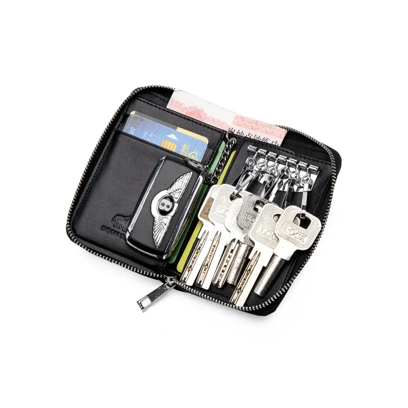 BISON DENIM Cow Leather Coin Purse, Multifunctional Card Holder Bag Regular Men's Black-4