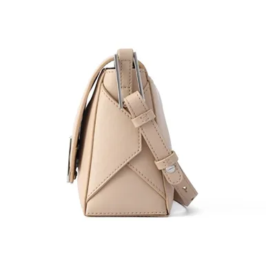 FION Cow Leather & Metal Stackable Small Square Bag, Crossbody Bag, Shoulder Bag Trumpets Women's Light Beige Camel-1