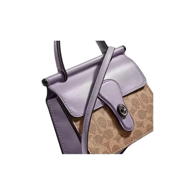 COACH Willis Canvas With Cow Leather Shoulder Bag Crossbody Bag Handbags Small Size Women's Purple & Khaki Monogram-3
