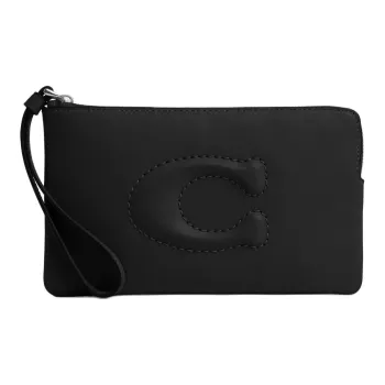 COACH Corner Zip Smooth Leather Clutch Large Size Women's Silver & Black