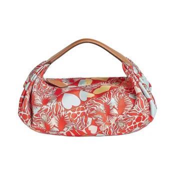HERMES Balusoie Silk With Hunter Cow Leather Lunch Bag Handbag Women's Orange Red & Andon Blue & Natural
