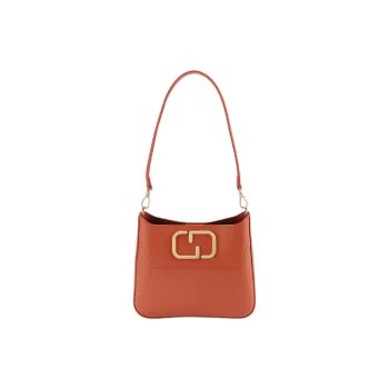 HONGU Cow Leather Bucket Bag Shoulder Bag Crossbody Bag Women's Peach Brown/Ecru