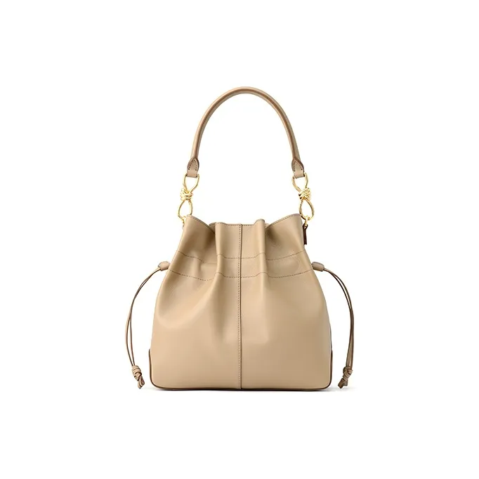 FION Cow Leather Bucket Bags Shoulder Bag Crossbody Bag Handbag Medium Size Women's Cream Apricot-4
