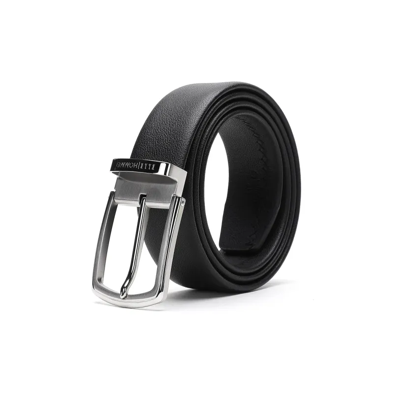 ELLE HOMME Pin Buckle Belt Steel Buckle Trendy Casual Top Grain Cow Leather Belts Men's Black Width 3.7cm-5