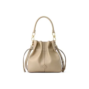 FION Cow Leather Bucket Bags Shoulder Bag Crossbody Bag Handbag Medium Size Women's Cream Apricot