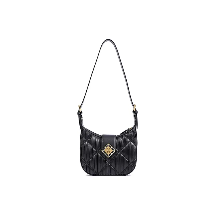 FION With Cow Leather And Sheepskin Crossbody Bag, Shoulder Bag Small Size Women's Black-4