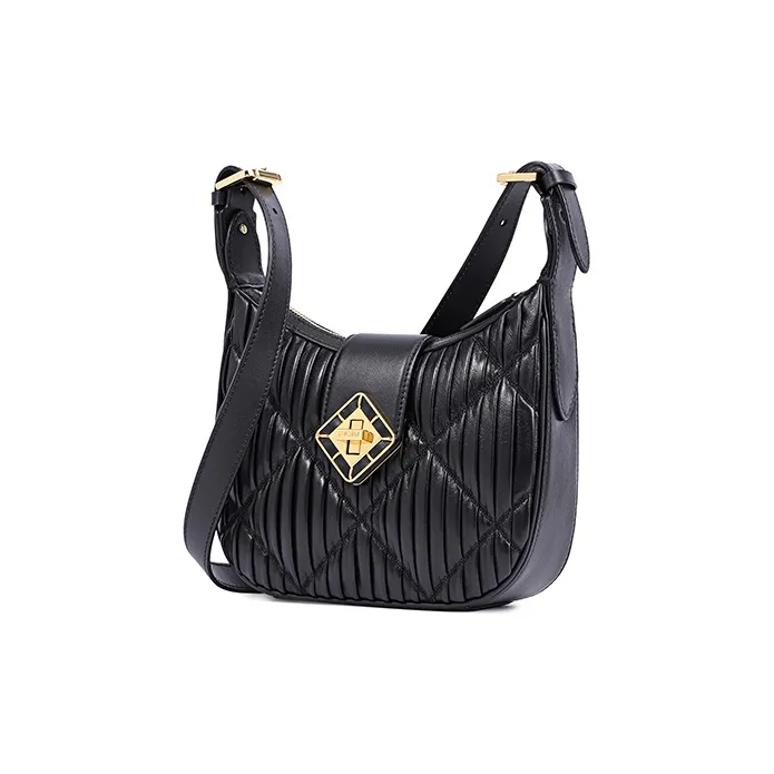 FION With Cow Leather And Sheepskin Crossbody Bag, Shoulder Bag Small Size Women's Black-1