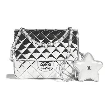 CHANEL Mirror Finish Calfskin Gold Logo Backpack Women's Silver
