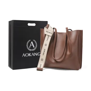 AOKANG Cow Leather Tote Bag, Shoulder Bag, Shopping Bag Large Size Women's Cocoa Coffee