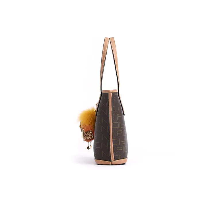 FION Artificial Leather Handbag Shoulder Bag Crossbody Bag Medium Size Women's Coffee & Camel-3