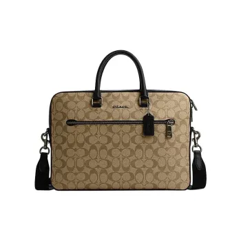 COACH ETHAN PVC Portable One Shoulder Crossbody Briefcases Large Size Men's Bronze Hardware & Khaki & Black