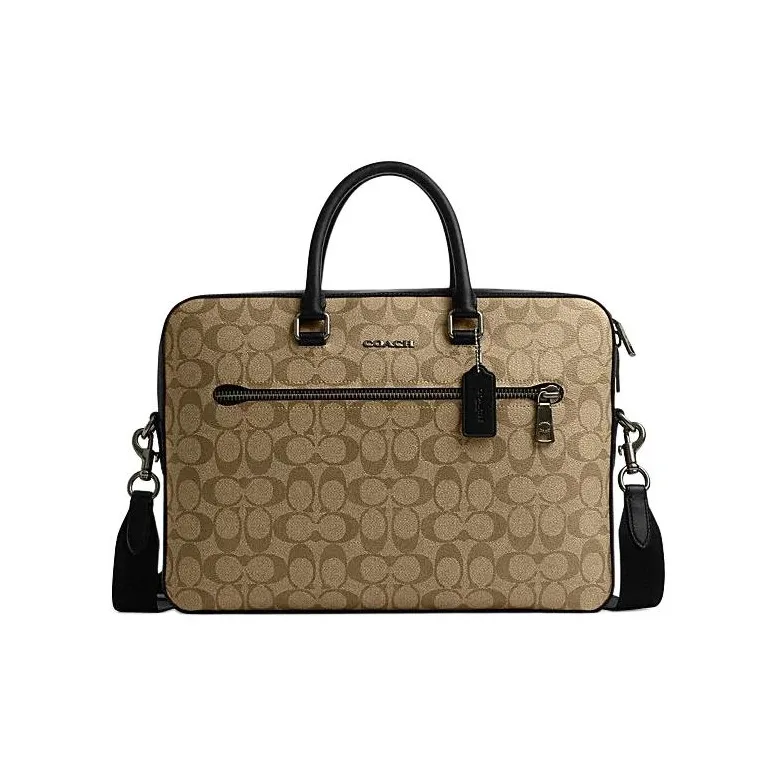 COACH ETHAN PVC Portable One Shoulder Crossbody Briefcases Large Size Men's Bronze Hardware & Khaki & Black-0