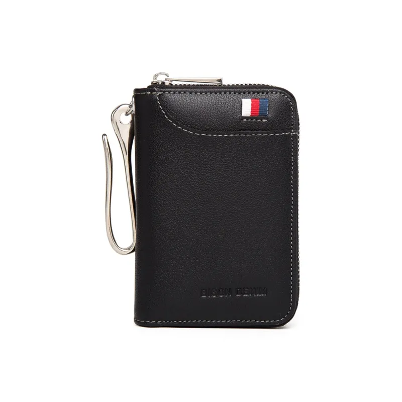 BISON DENIM Cow Leather Coin Purse, Multifunctional Card Holder Bag Regular Men's Black-1