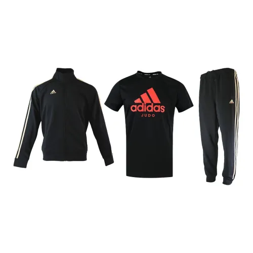 Adidas Casual Sportswear Men Set Black/Gold Coats+Red Black T-Shirts+Black/Gold Pants