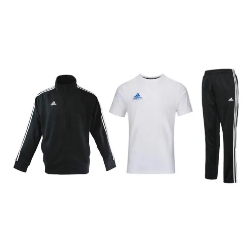 Adidas Casual Sportswear Men Set Black Base With White Stripes Coats+White Base With Blue Logo T-Shirts+Black/White Pants