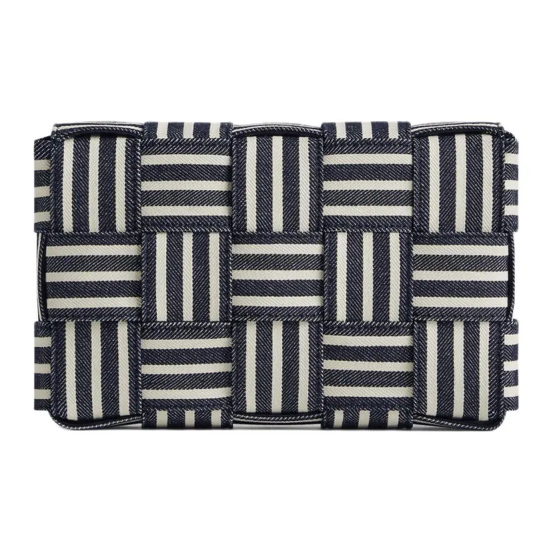 Bottega Veneta Cotton Shoulder Bag Crossbody Bag Medium Size Men's Marine Blue White And Black-2