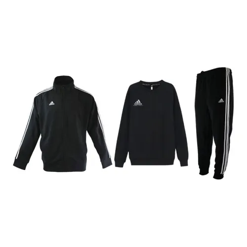 Adidas Casual Sportswear Unisex Set Black Base With White Stripes Coats+Black White Logo Sweatshirt+Black Pants