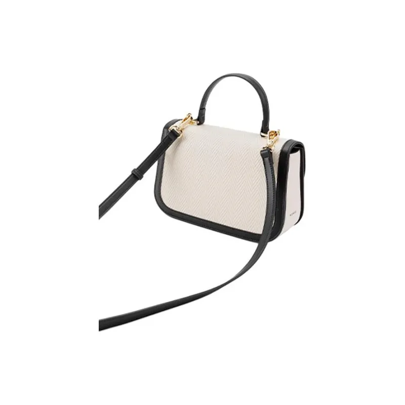 HONGU Cow Leather Small Square Bag, Portable Crossbody Bag, Shoulder Bag Regular Women's White & Brown/White & Black-2